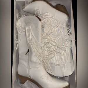 White Fringe Leather cowboy Boots